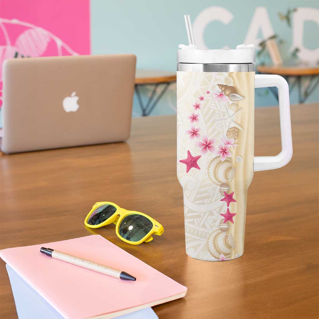 Beige Frangipani Sea Shell Tumbler With Handle Starfish Polynesian Pattern - Polynesian Pride