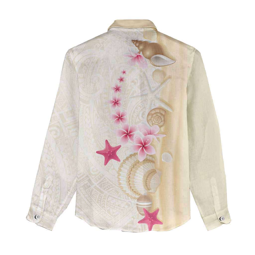 Beige Frangipani Sea Shell Women Casual Shirt Starfish Polynesian Pattern - Polynesian Pride