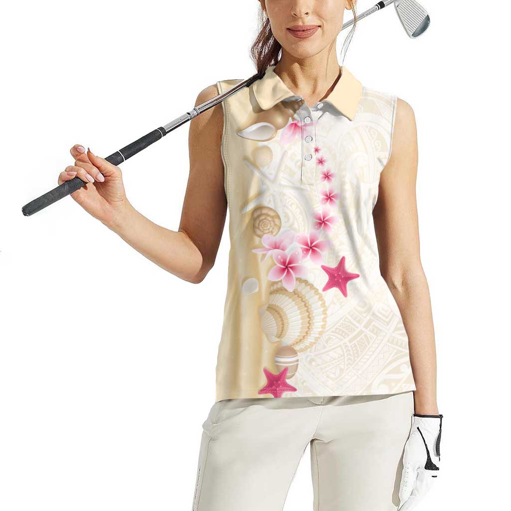 Beige Frangipani Sea Shell Women Sleeveless Polo Shirt Starfish Polynesian Pattern - Polynesian Pride