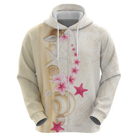 Beige Frangipani Sea Shell Zip Hoodie Starfish Polynesian Pattern - Polynesian Pride