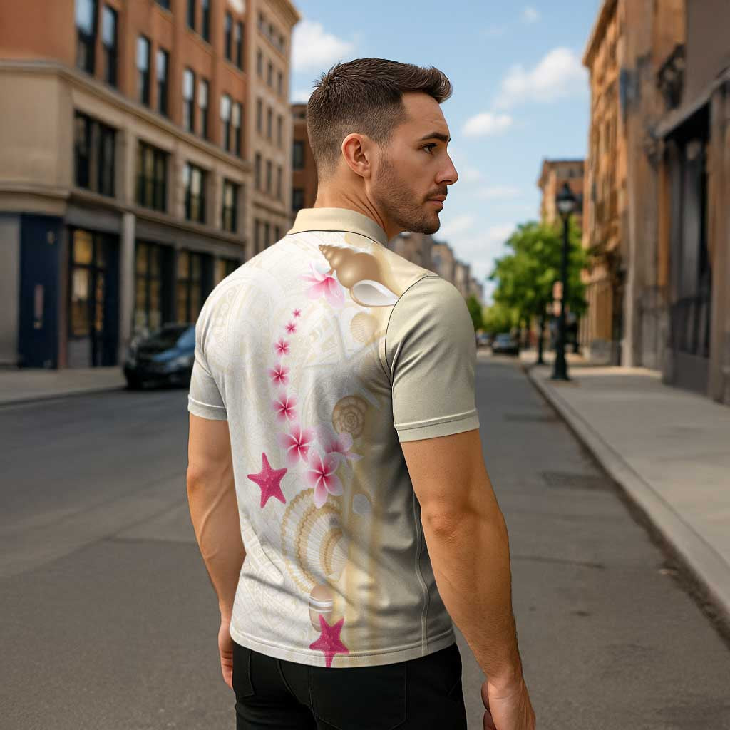 Beige Frangipani Sea Shell Zipper Polo Shirt Starfish Polynesian Pattern - Polynesian Pride