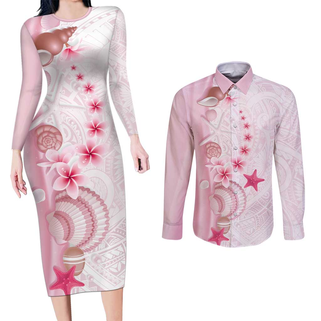 Pink Plumeria Sea Shell Couples Matching Long Sleeve Bodycon Dress and Long Sleeve Button Shirt Starfish Polynesian Pattern LT01 Pink - Polynesian Pride