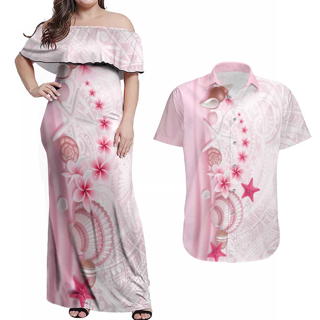Pink Plumeria Sea Shell Couples Matching Off Shoulder Maxi Dress and Hawaiian Shirt Starfish Polynesian Pattern LT01 Pink - Polynesian Pride