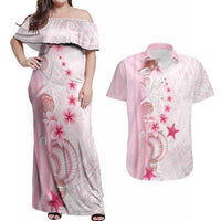 Pink Plumeria Sea Shell Couples Matching Off Shoulder Maxi Dress and Hawaiian Shirt Starfish Polynesian Pattern LT01 Pink - Polynesian Pride