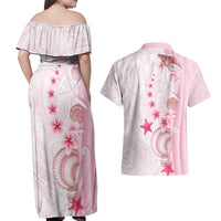 Pink Plumeria Sea Shell Couples Matching Off Shoulder Maxi Dress and Hawaiian Shirt Starfish Polynesian Pattern LT01 - Polynesian Pride