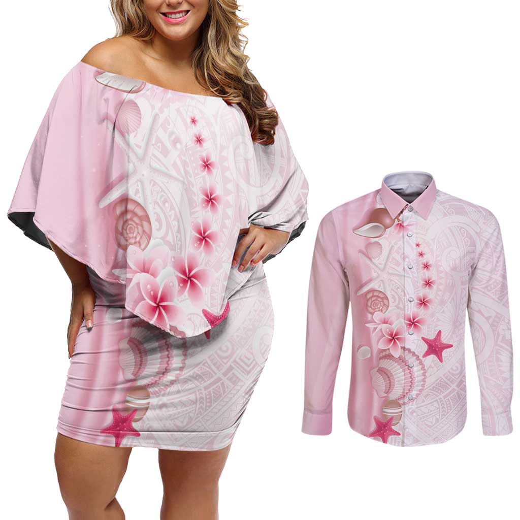 Pink Plumeria Sea Shell Couples Matching Off Shoulder Short Dress and Long Sleeve Button Shirt Starfish Polynesian Pattern LT01 Pink - Polynesian Pride