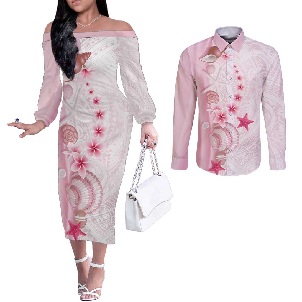 Pink Plumeria Sea Shell Couples Matching Off The Shoulder Long Sleeve Dress and Long Sleeve Button Shirt Starfish Polynesian Pattern LT01 Pink - Polynesian Pride