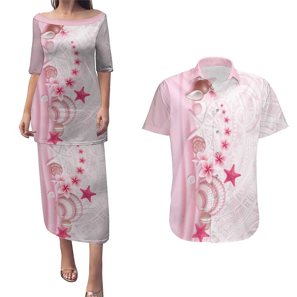 Pink Plumeria Sea Shell Couples Matching Puletasi and Hawaiian Shirt Starfish Polynesian Pattern - Polynesian Pride