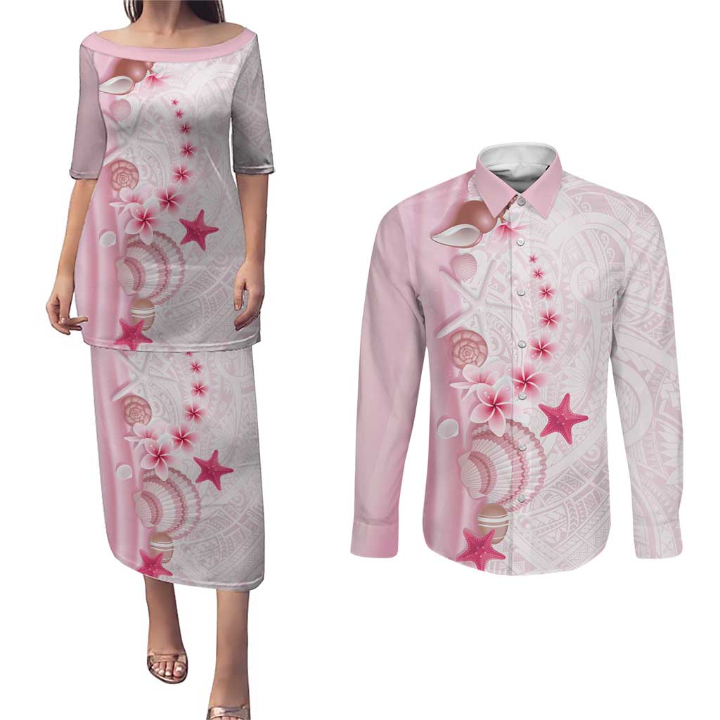 Pink Plumeria Sea Shell Couples Matching Puletasi and Long Sleeve Button Shirt Starfish Polynesian Pattern LT01 Pink - Polynesian Pride