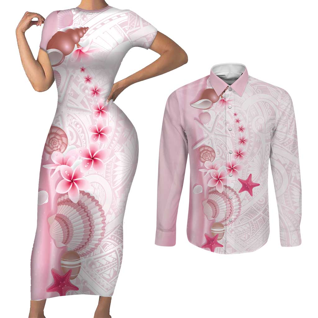 Pink Plumeria Sea Shell Couples Matching Short Sleeve Bodycon Dress and Long Sleeve Button Shirt Starfish Polynesian Pattern LT01 Pink - Polynesian Pride