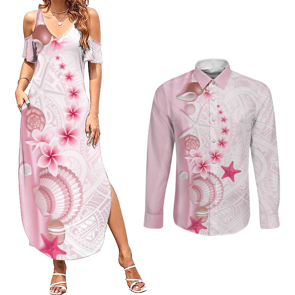 Pink Plumeria Sea Shell Couples Matching Summer Maxi Dress and Long Sleeve Button Shirt Starfish Polynesian Pattern LT01 Pink - Polynesian Pride