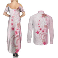 Pink Plumeria Sea Shell Couples Matching Summer Maxi Dress and Long Sleeve Button Shirt Starfish Polynesian Pattern - Polynesian Pride