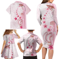 Pink Plumeria Sea Shell Family Matching Long Sleeve Bodycon Dress and Hawaiian Shirt Starfish Polynesian Pattern LT01 - Polynesian Pride