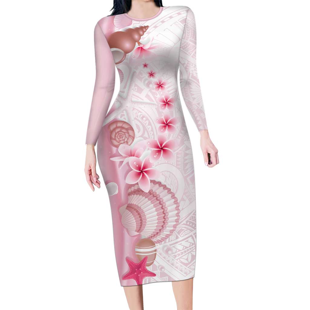 Pink Plumeria Sea Shell Family Matching Long Sleeve Bodycon Dress and Hawaiian Shirt Starfish Polynesian Pattern LT01 Mom's Dress Pink - Polynesian Pride