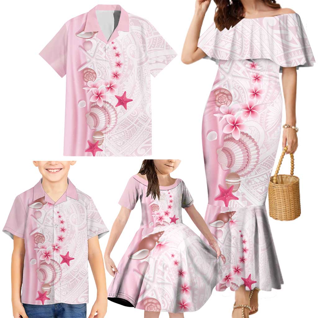 Pink Plumeria Sea Shell Family Matching Mermaid Dress and Hawaiian Shirt Starfish Polynesian Pattern LT01 - Polynesian Pride