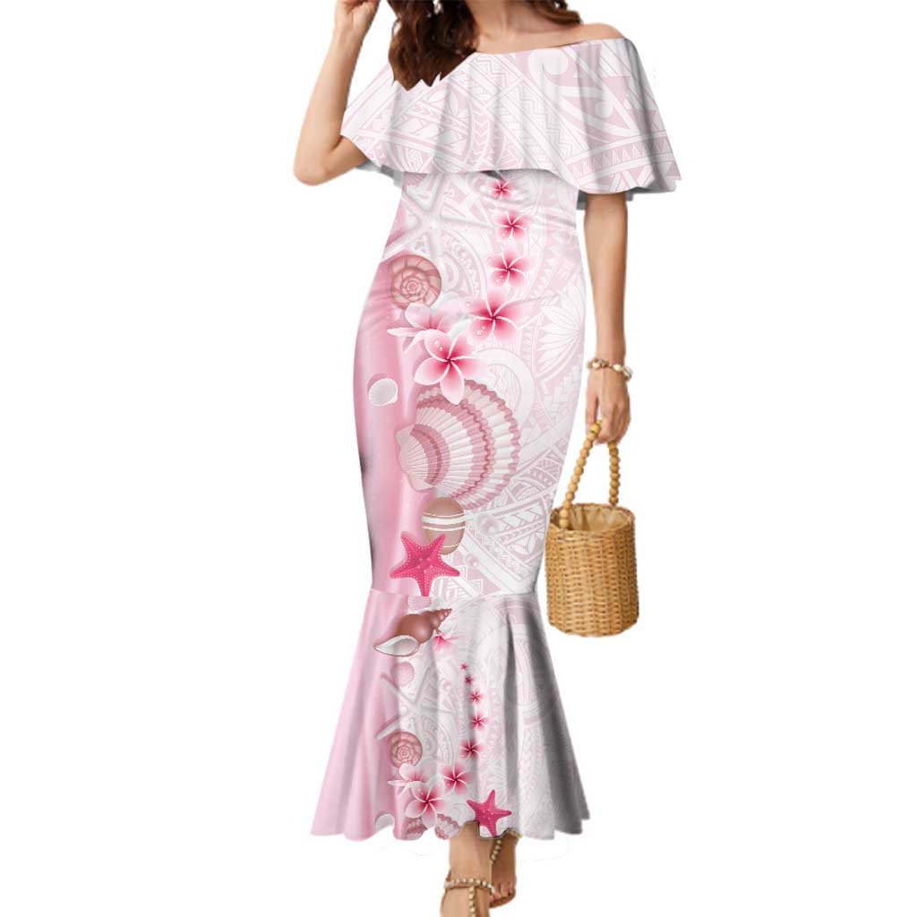 Pink Plumeria Sea Shell Family Matching Mermaid Dress and Hawaiian Shirt Starfish Polynesian Pattern LT01 Mom's Dress Pink - Polynesian Pride