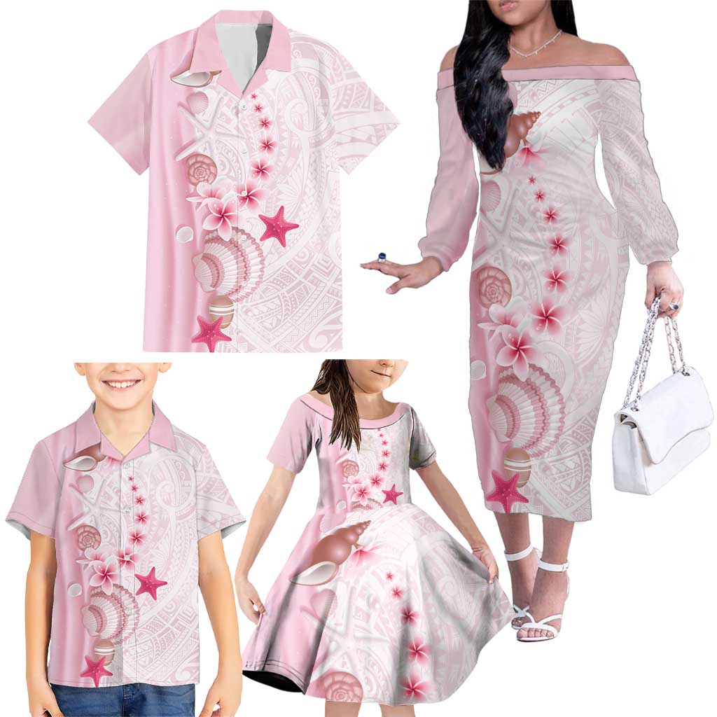 Pink Plumeria Sea Shell Family Matching Off The Shoulder Long Sleeve Dress and Hawaiian Shirt Starfish Polynesian Pattern LT01 - Polynesian Pride