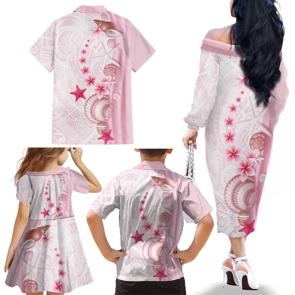 Pink Plumeria Sea Shell Family Matching Off The Shoulder Long Sleeve Dress and Hawaiian Shirt Starfish Polynesian Pattern LT01 - Polynesian Pride