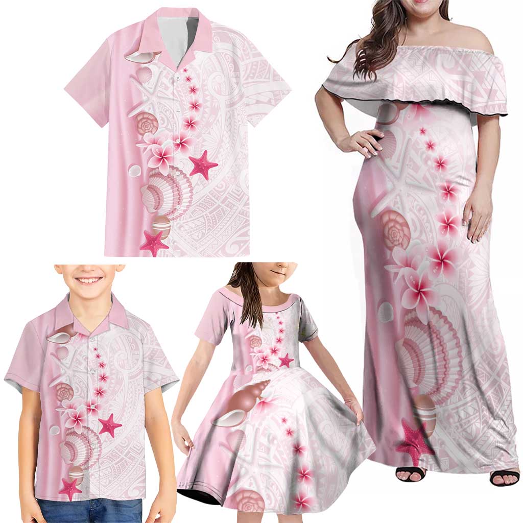 Pink Plumeria Sea Shell Family Matching Off Shoulder Maxi Dress and Hawaiian Shirt Starfish Polynesian Pattern LT01 - Polynesian Pride