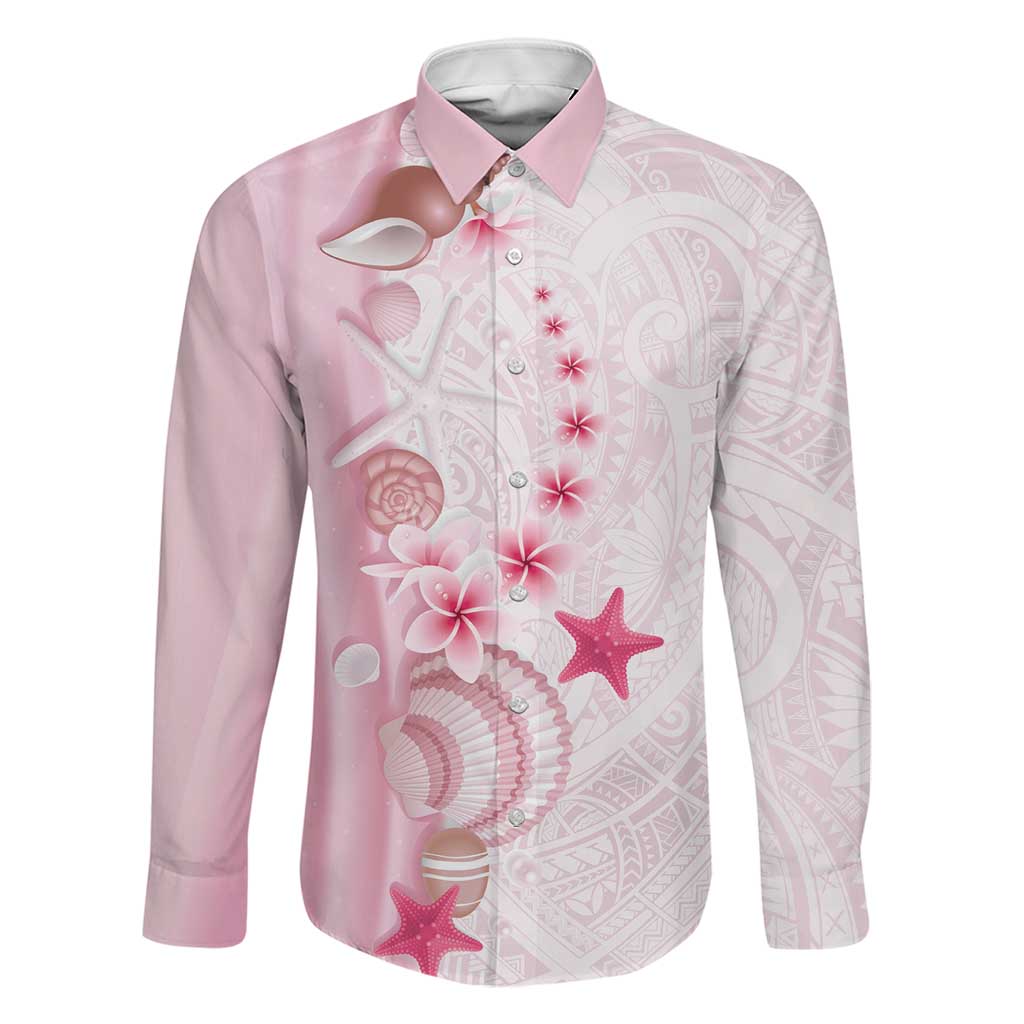 Pink Plumeria Sea Shell Family Matching Off Shoulder Maxi Dress and Hawaiian Shirt Starfish Polynesian Pattern LT01 Dad's Shirt - Long Sleeve Pink - Polynesian Pride