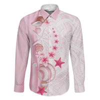 Pink Plumeria Sea Shell Family Matching Off Shoulder Short Dress and Hawaiian Shirt Starfish Polynesian Pattern LT01 Dad's Shirt - Long Sleeve Pink - Polynesian Pride