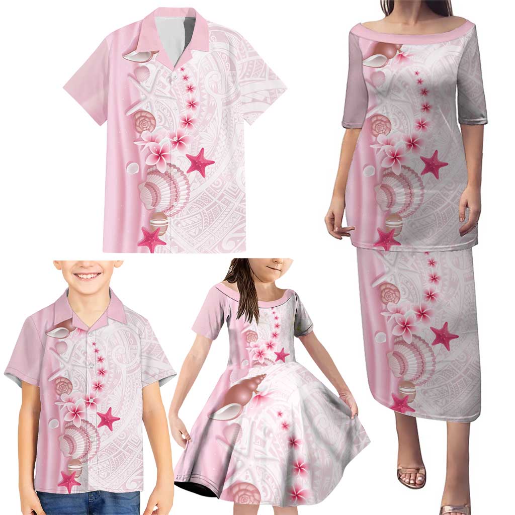 Pink Plumeria Sea Shell Family Matching Puletasi and Hawaiian Shirt Starfish Polynesian Pattern - Polynesian Pride
