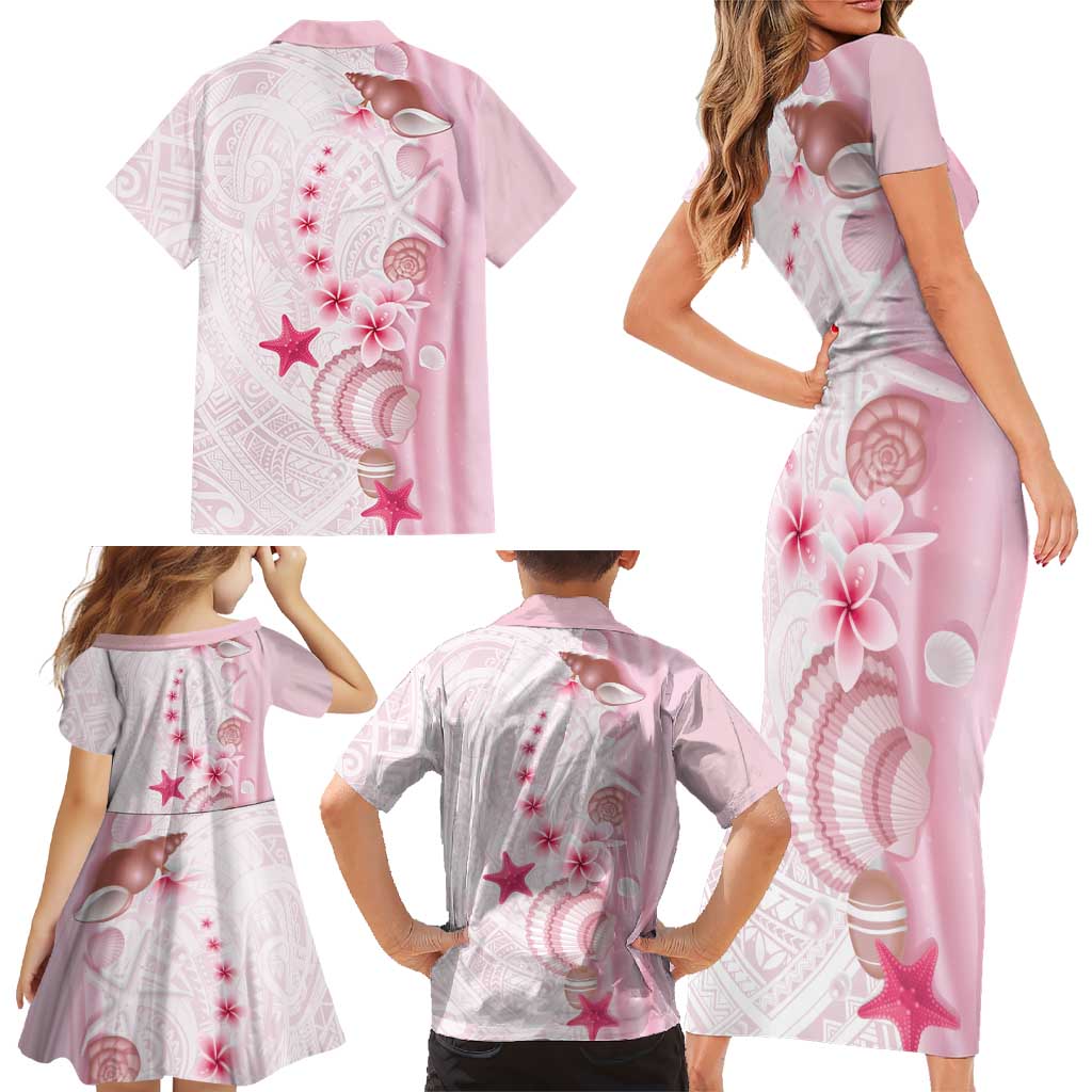 Pink Plumeria Sea Shell Family Matching Short Sleeve Bodycon Dress and Hawaiian Shirt Starfish Polynesian Pattern LT01 - Polynesian Pride