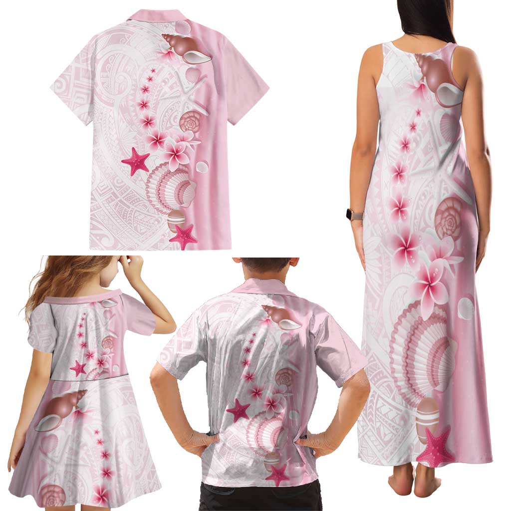 Pink Plumeria Sea Shell Family Matching Tank Maxi Dress and Hawaiian Shirt Starfish Polynesian Pattern LT01 - Polynesian Pride