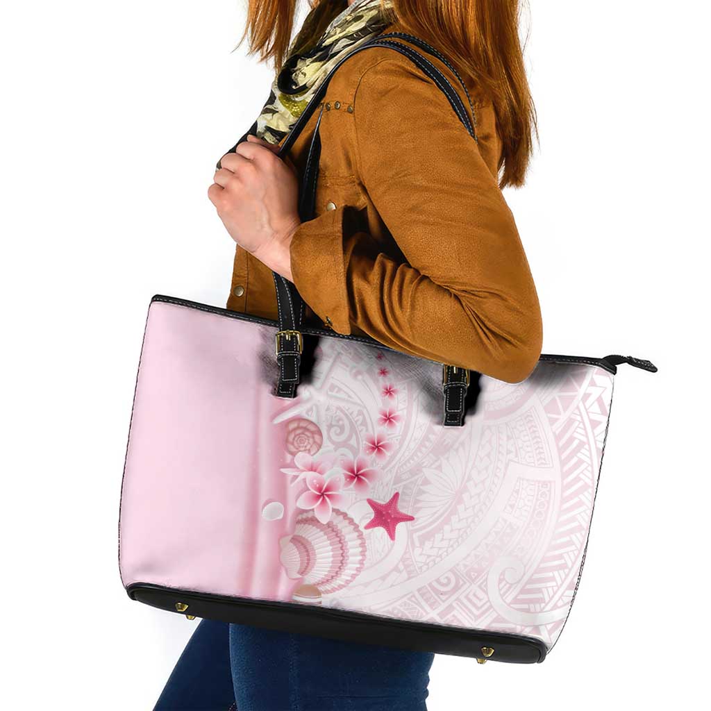 Pink Plumeria Sea Shell Leather Tote Bag Starfish Polynesian Pattern - Polynesian Pride