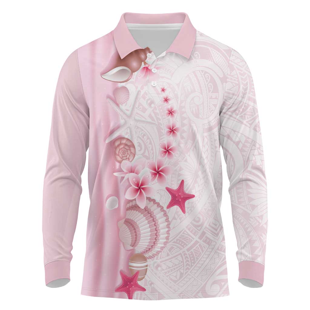 Pink Plumeria Sea Shell Long Sleeve Polo Shirt Starfish Polynesian Pattern LT01 Pink - Polynesian Pride