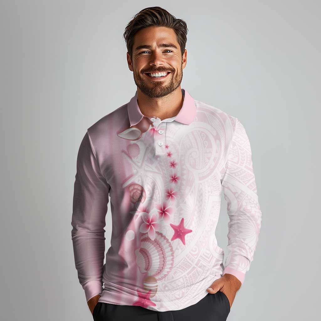 Pink Plumeria Sea Shell Long Sleeve Polo Shirt Starfish Polynesian Pattern LT01 - Polynesian Pride