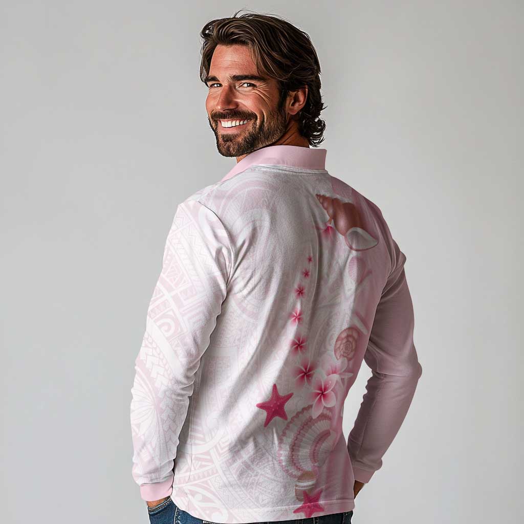Pink Plumeria Sea Shell Long Sleeve Polo Shirt Starfish Polynesian Pattern LT01 - Polynesian Pride