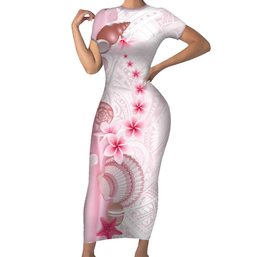 Pink Plumeria Sea Shell Short Sleeve Bodycon Dress Starfish Polynesian Pattern LT01 Long Dress Pink - Polynesian Pride