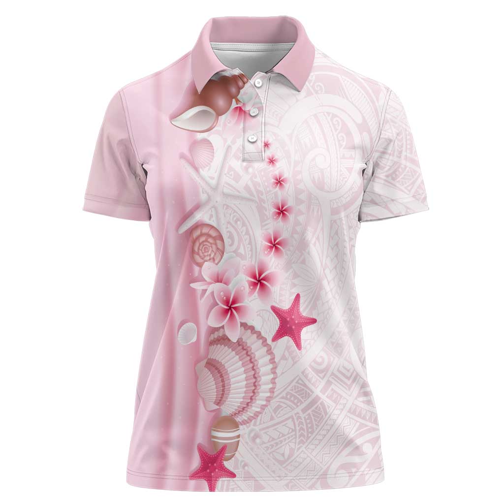 Pink Plumeria Sea Shell Women Polo Shirt Starfish Polynesian Pattern - Polynesian Pride