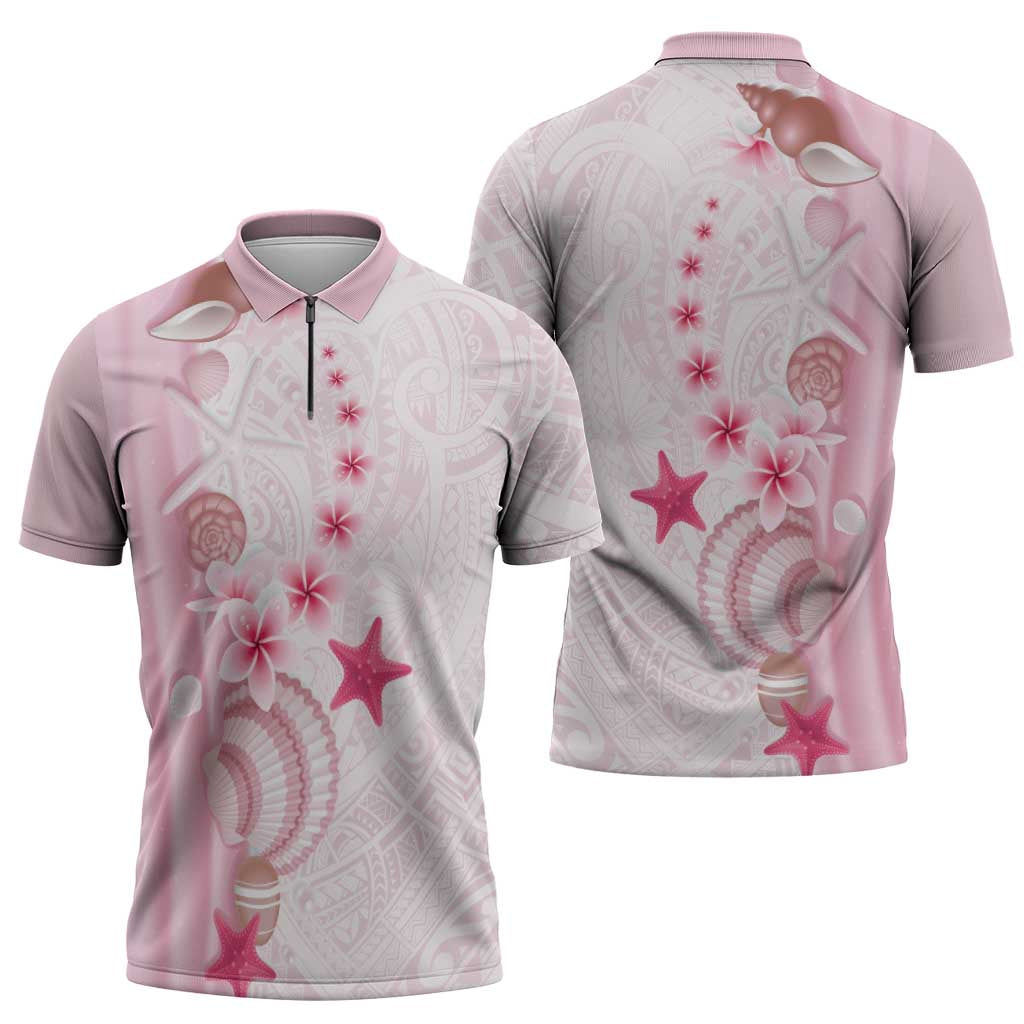Pink Plumeria Sea Shell Zipper Polo Shirt Starfish Polynesian Pattern - Polynesian Pride