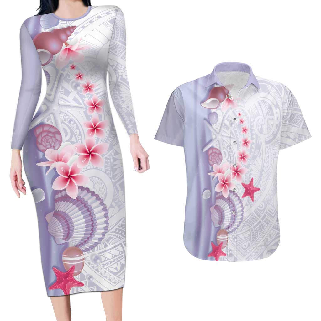 Purple Plumeria Sea Shell Couples Matching Long Sleeve Bodycon Dress and Hawaiian Shirt Starfish Polynesian Pattern LT01 Purple - Polynesian Pride