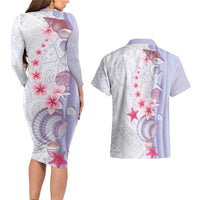 Purple Plumeria Sea Shell Couples Matching Long Sleeve Bodycon Dress and Hawaiian Shirt Starfish Polynesian Pattern LT01 - Polynesian Pride