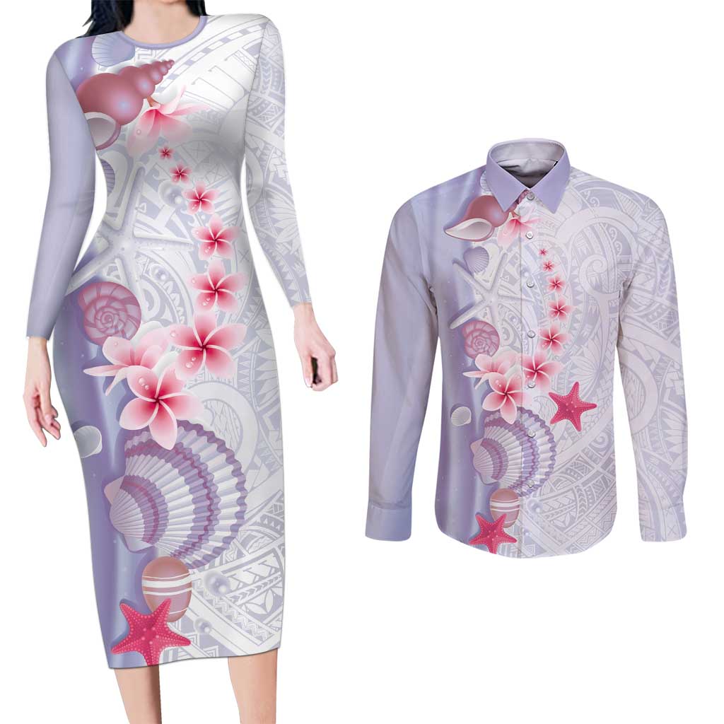 Purple Plumeria Sea Shell Couples Matching Long Sleeve Bodycon Dress and Long Sleeve Button Shirt Starfish Polynesian Pattern LT01 Purple - Polynesian Pride