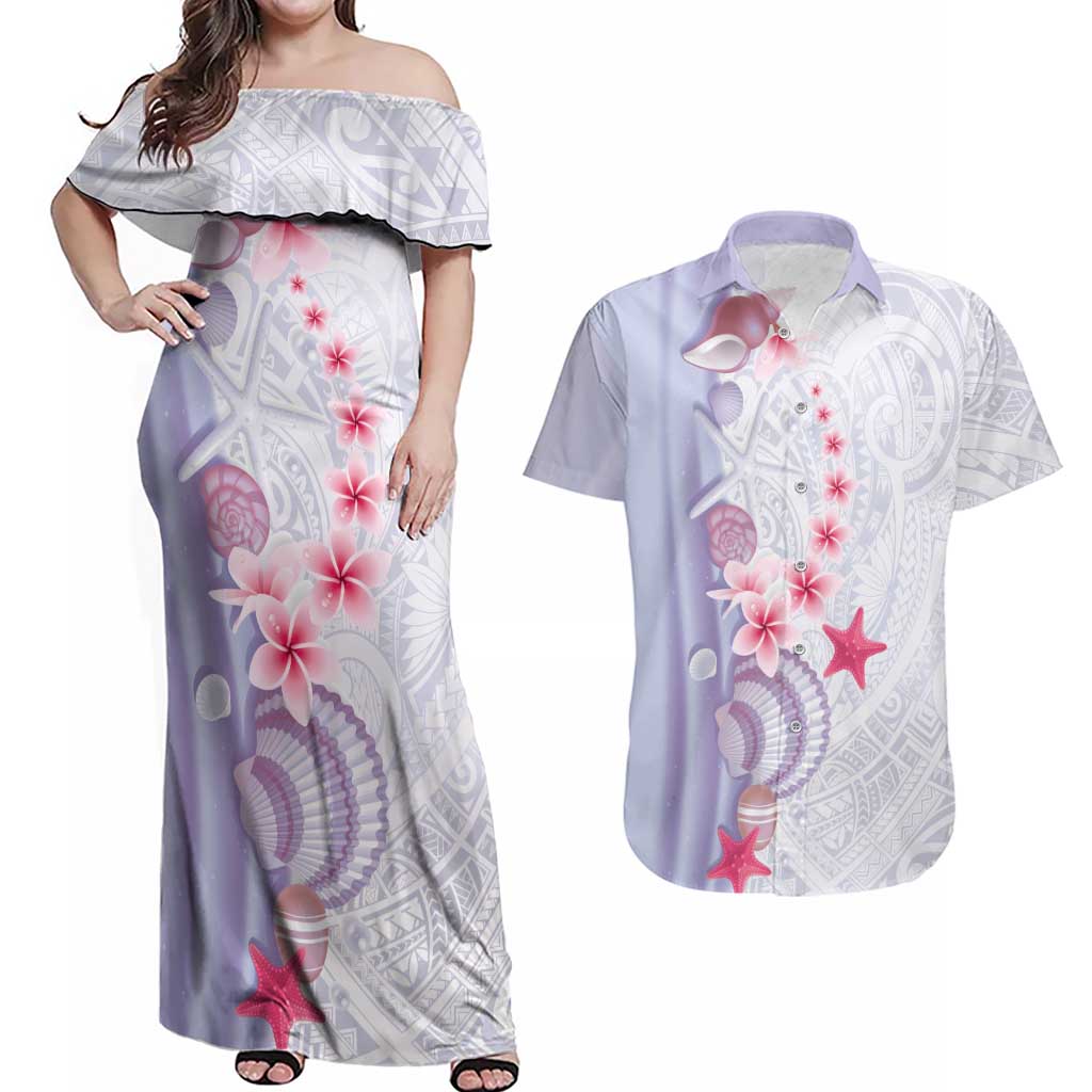 Purple Plumeria Sea Shell Couples Matching Off Shoulder Maxi Dress and Hawaiian Shirt Starfish Polynesian Pattern LT01 Purple - Polynesian Pride