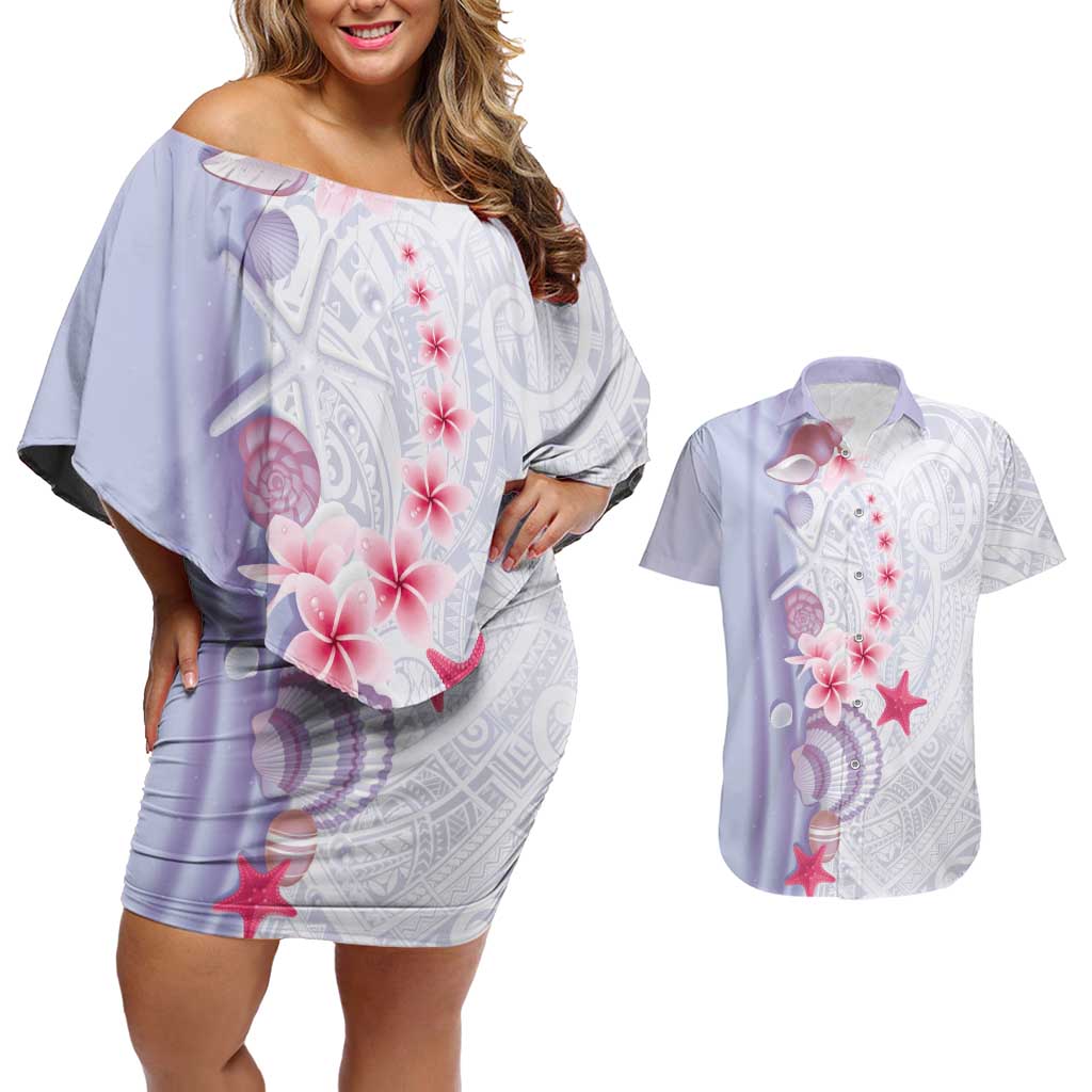 Purple Plumeria Sea Shell Couples Matching Off Shoulder Short Dress and Hawaiian Shirt Starfish Polynesian Pattern LT01 Purple - Polynesian Pride