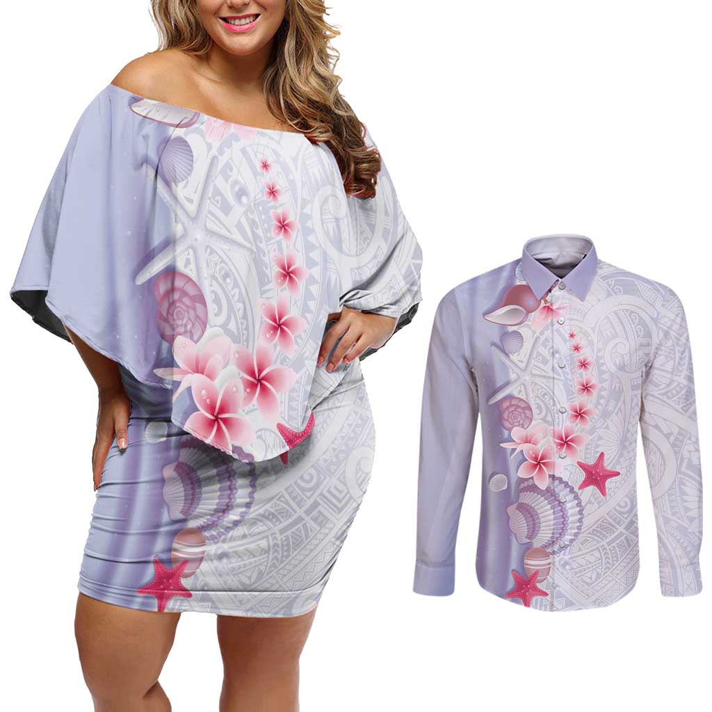 Purple Plumeria Sea Shell Couples Matching Off Shoulder Short Dress and Long Sleeve Button Shirt Starfish Polynesian Pattern LT01 Purple - Polynesian Pride