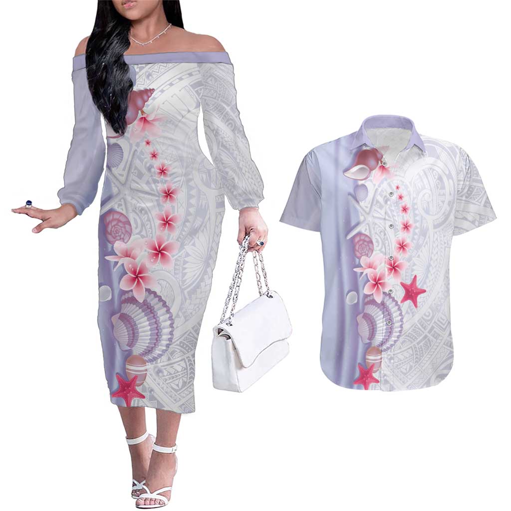 Purple Plumeria Sea Shell Couples Matching Off The Shoulder Long Sleeve Dress and Hawaiian Shirt Starfish Polynesian Pattern LT01 Purple - Polynesian Pride