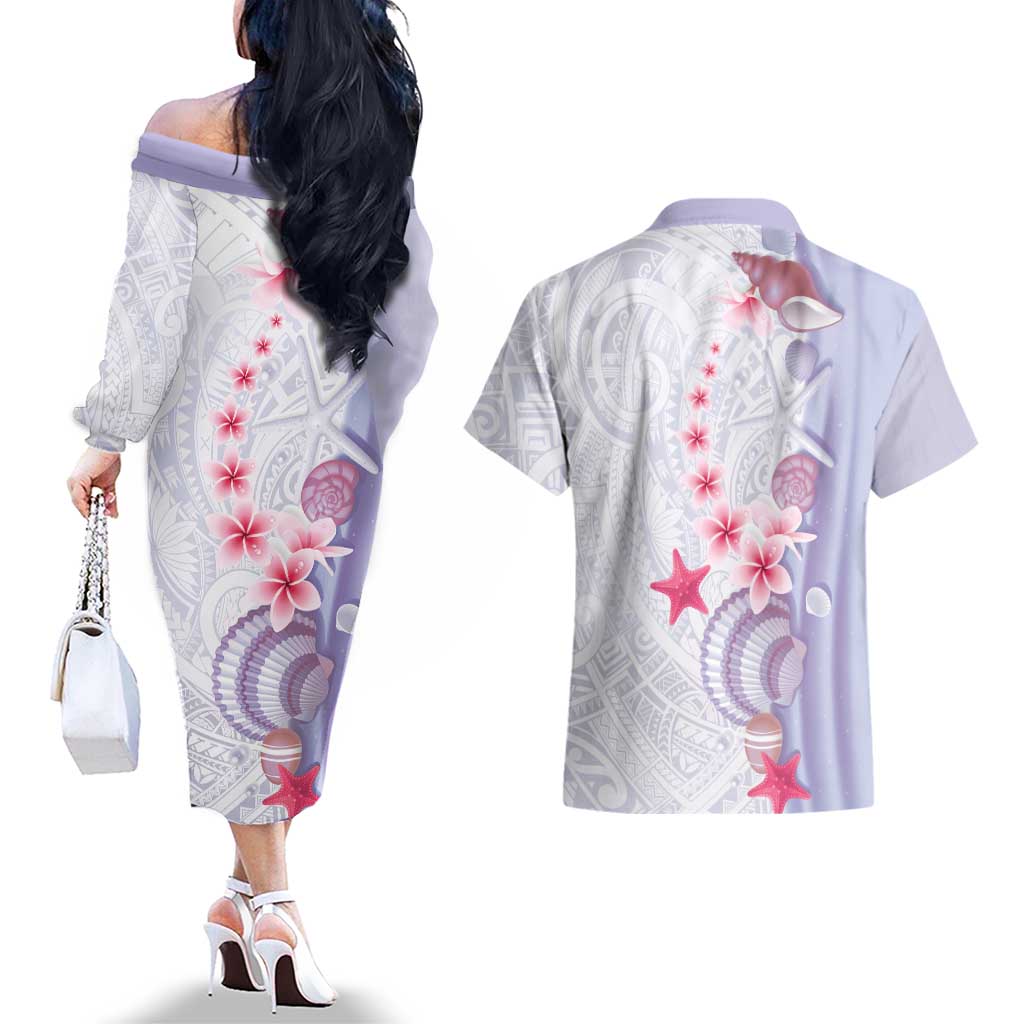 Purple Plumeria Sea Shell Couples Matching Off The Shoulder Long Sleeve Dress and Hawaiian Shirt Starfish Polynesian Pattern LT01 - Polynesian Pride
