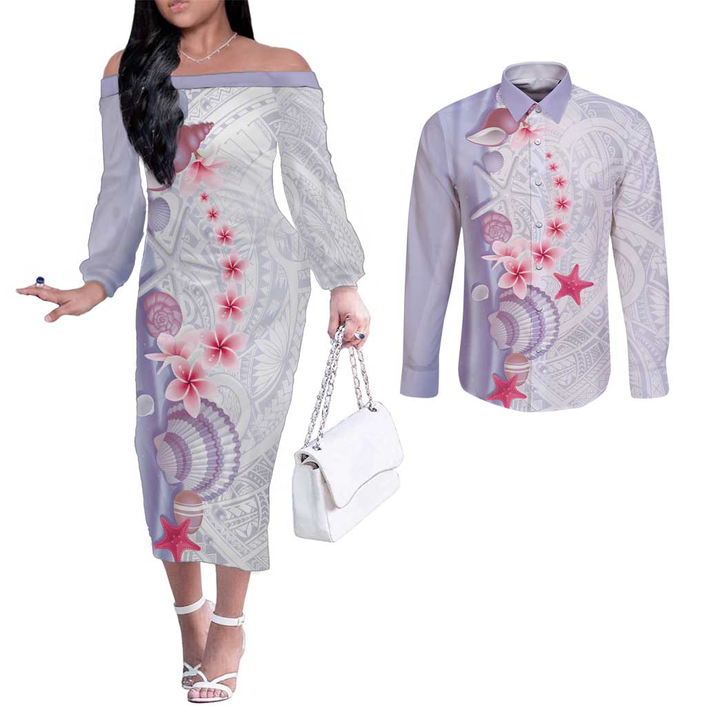 Purple Plumeria Sea Shell Couples Matching Off The Shoulder Long Sleeve Dress and Long Sleeve Button Shirt Starfish Polynesian Pattern LT01 Purple - Polynesian Pride