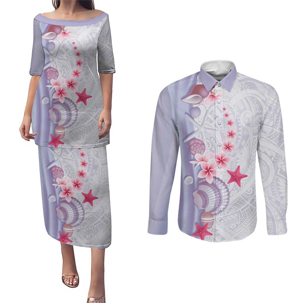 Purple Plumeria Sea Shell Couples Matching Puletasi and Long Sleeve Button Shirt Starfish Polynesian Pattern LT01 Purple - Polynesian Pride