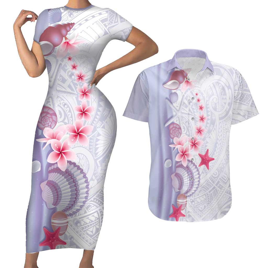 Purple Plumeria Sea Shell Couples Matching Short Sleeve Bodycon Dress and Hawaiian Shirt Starfish Polynesian Pattern LT01 Purple - Polynesian Pride