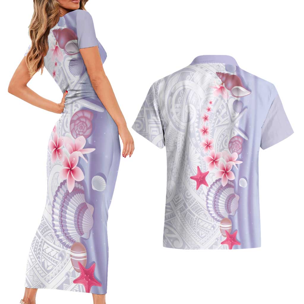 Purple Plumeria Sea Shell Couples Matching Short Sleeve Bodycon Dress and Hawaiian Shirt Starfish Polynesian Pattern LT01 - Polynesian Pride