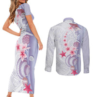 Purple Plumeria Sea Shell Couples Matching Short Sleeve Bodycon Dress and Long Sleeve Button Shirt Starfish Polynesian Pattern - Polynesian Pride