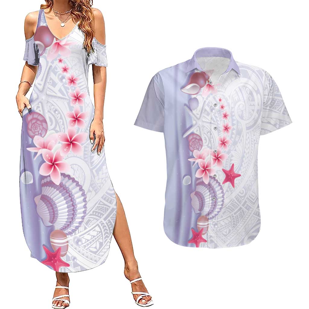 Purple Plumeria Sea Shell Couples Matching Summer Maxi Dress and Hawaiian Shirt Starfish Polynesian Pattern LT01 Purple - Polynesian Pride