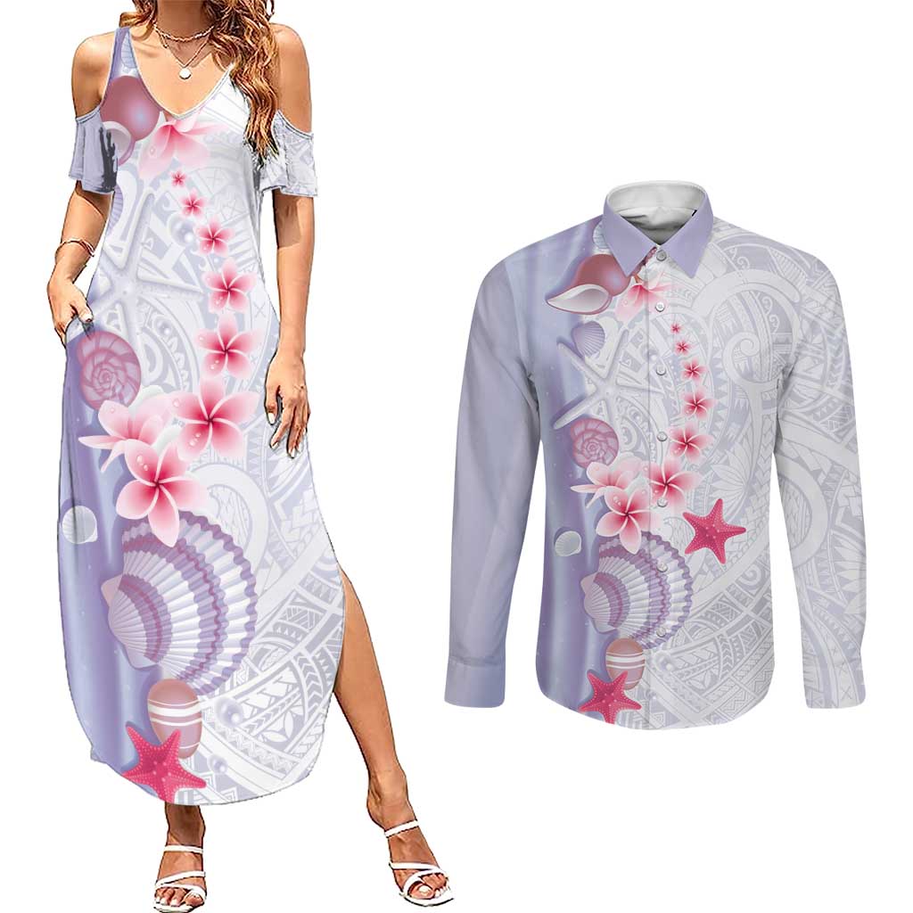 Purple Plumeria Sea Shell Couples Matching Summer Maxi Dress and Long Sleeve Button Shirt Starfish Polynesian Pattern LT01 Purple - Polynesian Pride